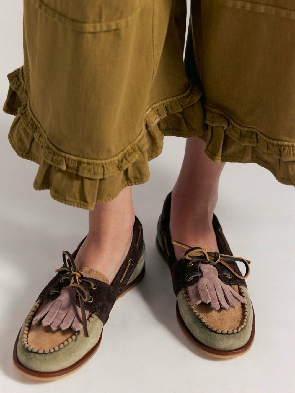 We The Free Two-Tone Suede Tassel Moccasins - Olive, Brown & Taupe